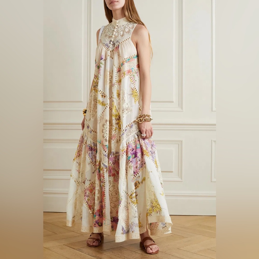 Zimmermann Jude Floral Print Lace Trim Midi Dress size 2
